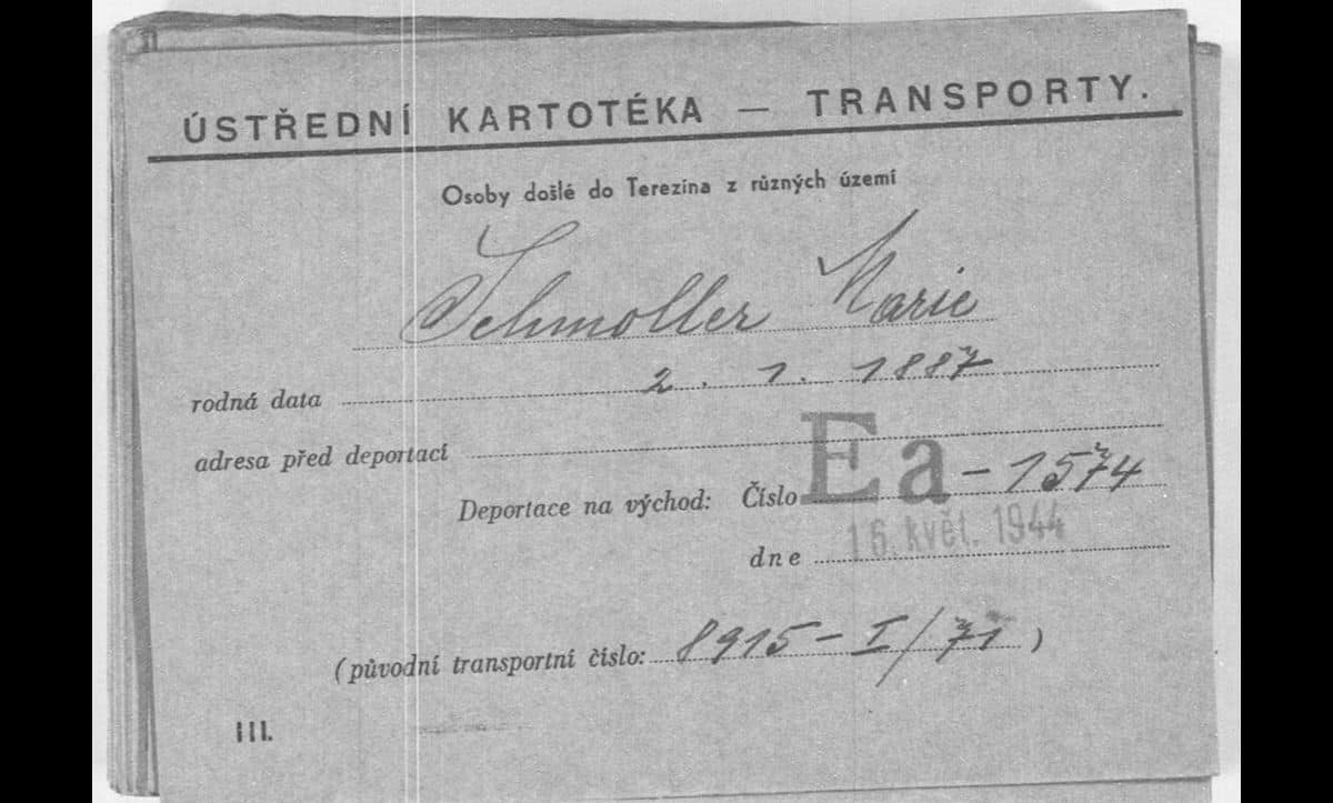 Marie-Elisabeth Schmoller (2 January 1887 – 16 May 1944). Following Hans’ death in 1942, Marie-Elisabeth remained in the Theresienstadt Ghetto until May 1944 – when she was deported to Auschwitz and murdered on 16 May 1944. This card was assigned to Marie-Elisabeth in Theresienstadt and shows the date she was deported to Auschwitz. 