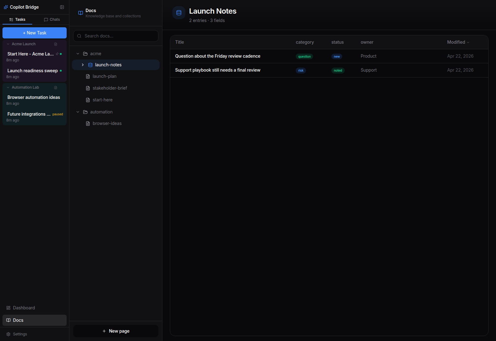 Docs collection showing the seeded launch notes database