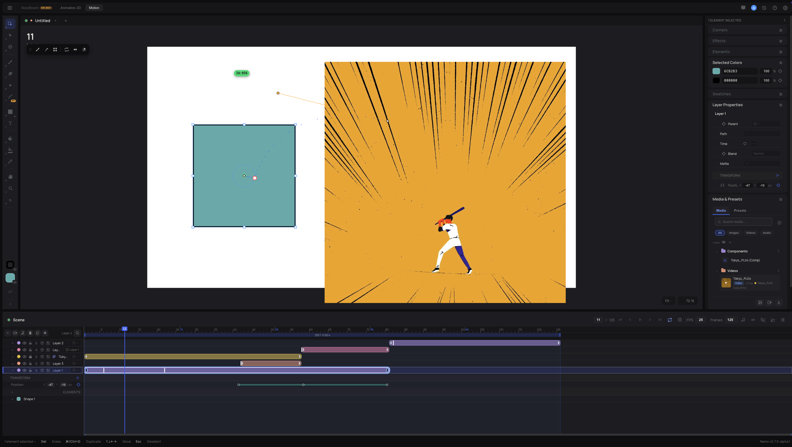 The Motion editor: five layers with staggered in/out bars, a Position track with its keyframes, an editable motion path with its tangent handle on the canvas, and the media panel holding a component and a video