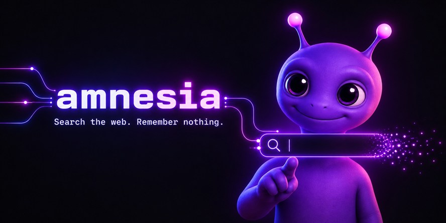 amnesia: ALF beside a search bar whose trail of particles dissolves as it drifts away.