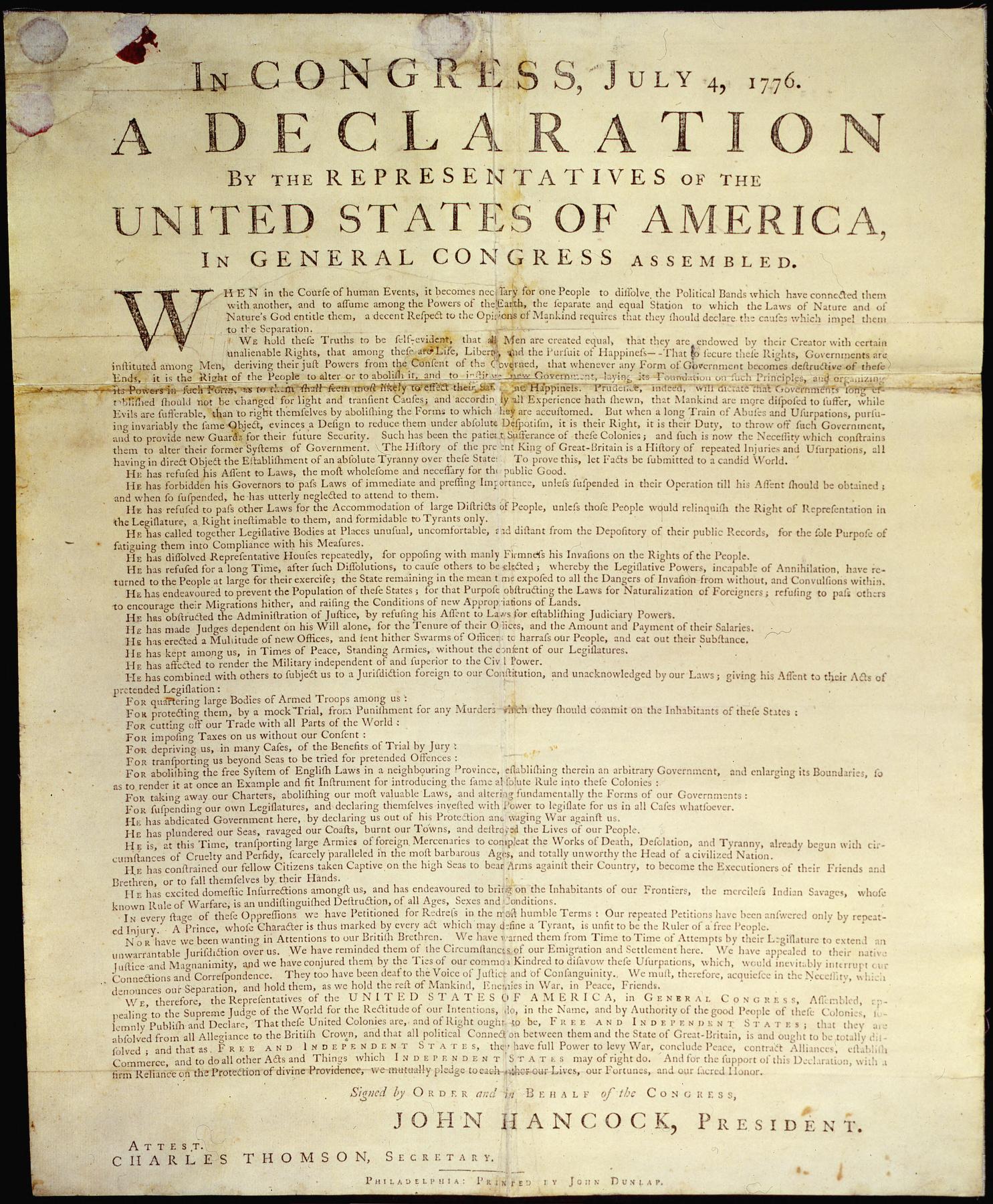 Dunlap Broadside — first printed copy of the Declaration of Independence, July 4, 1776