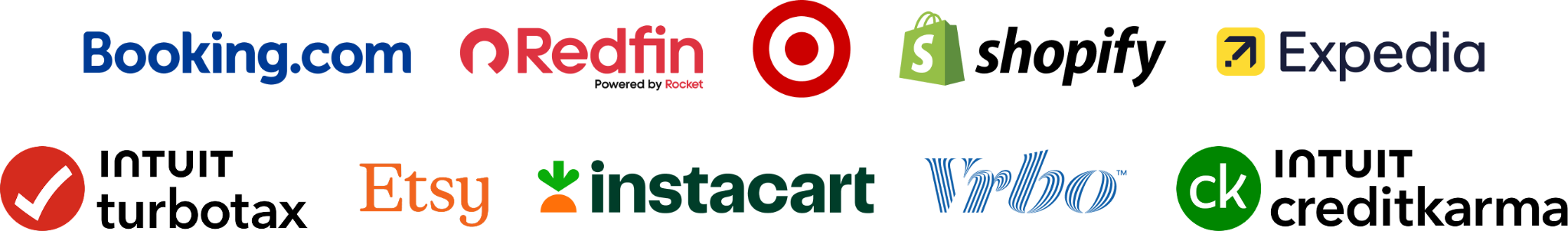 Expedia, Booking.com, Shopify, Credit Karma, Turbotax, Redfin, Etsy, Instacart, Target logos