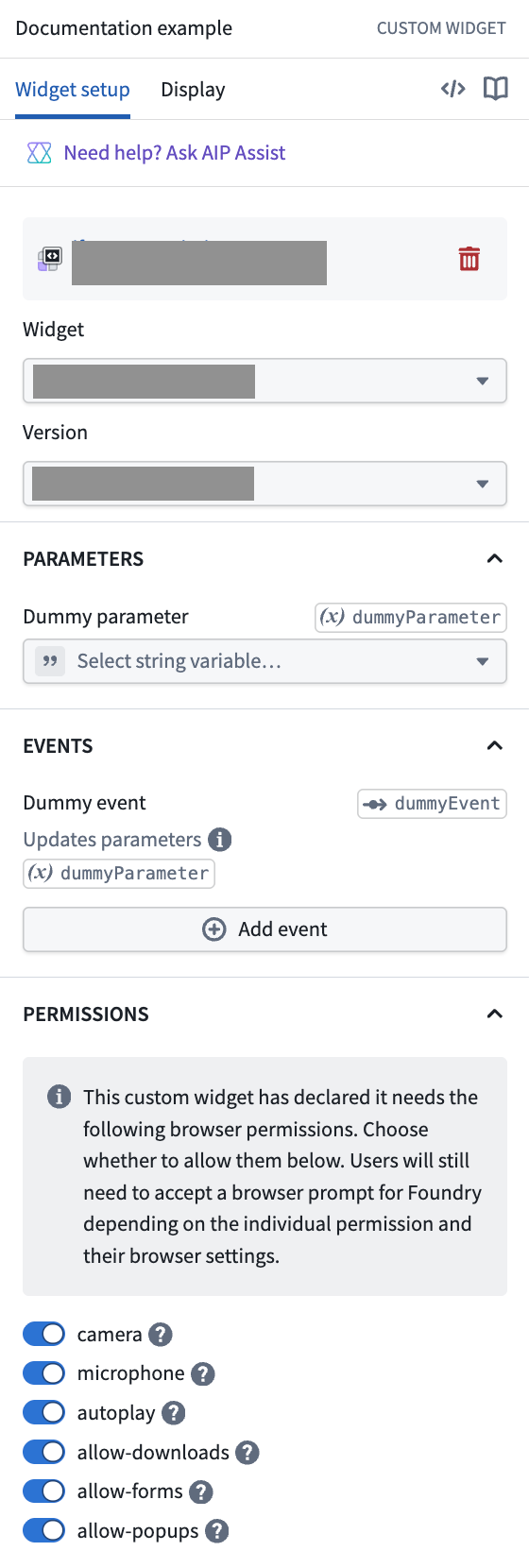 The Permissions section when configuring a custom widget in Workshop.