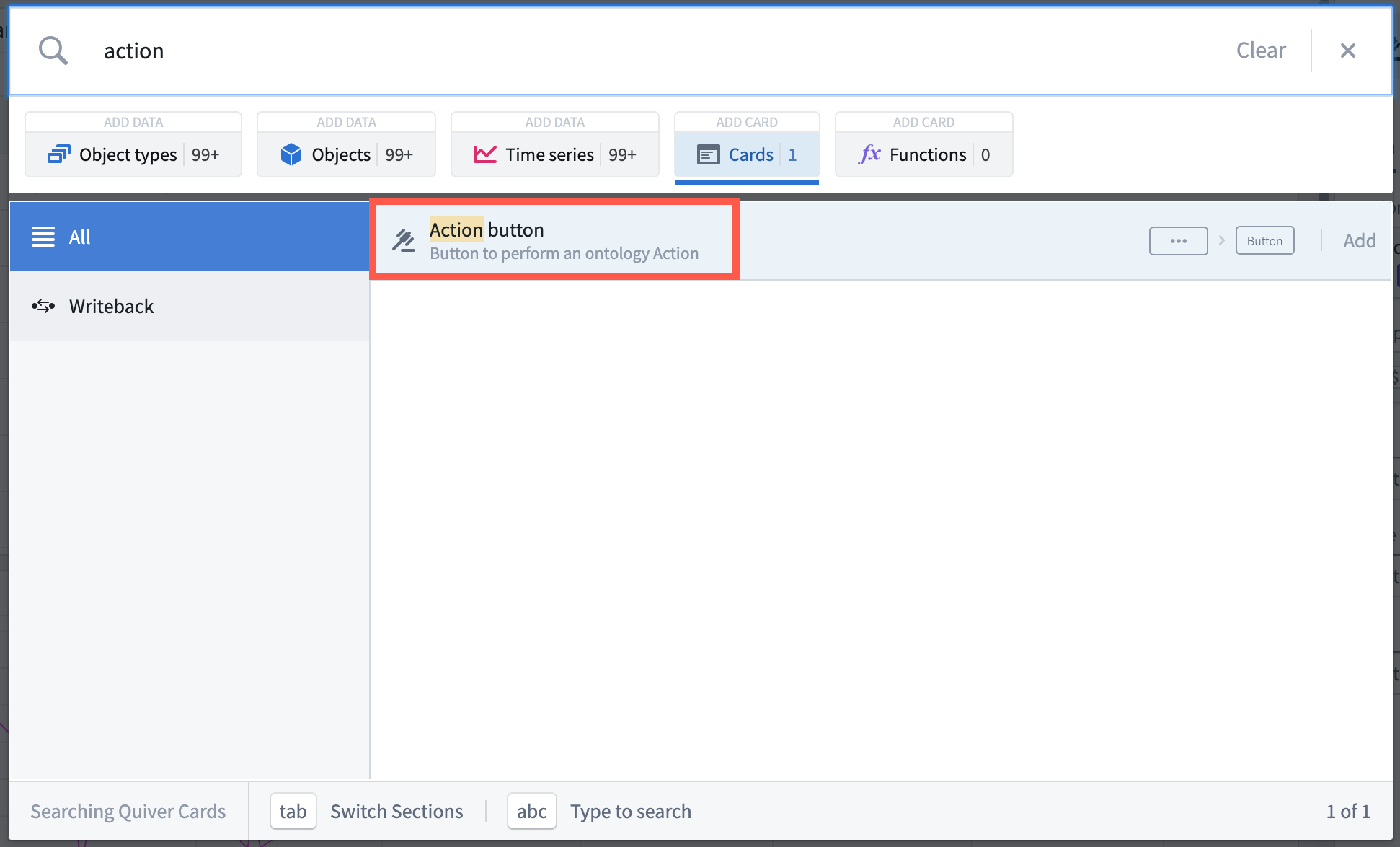 The search bar showing an action button card option after searching for the word "action"