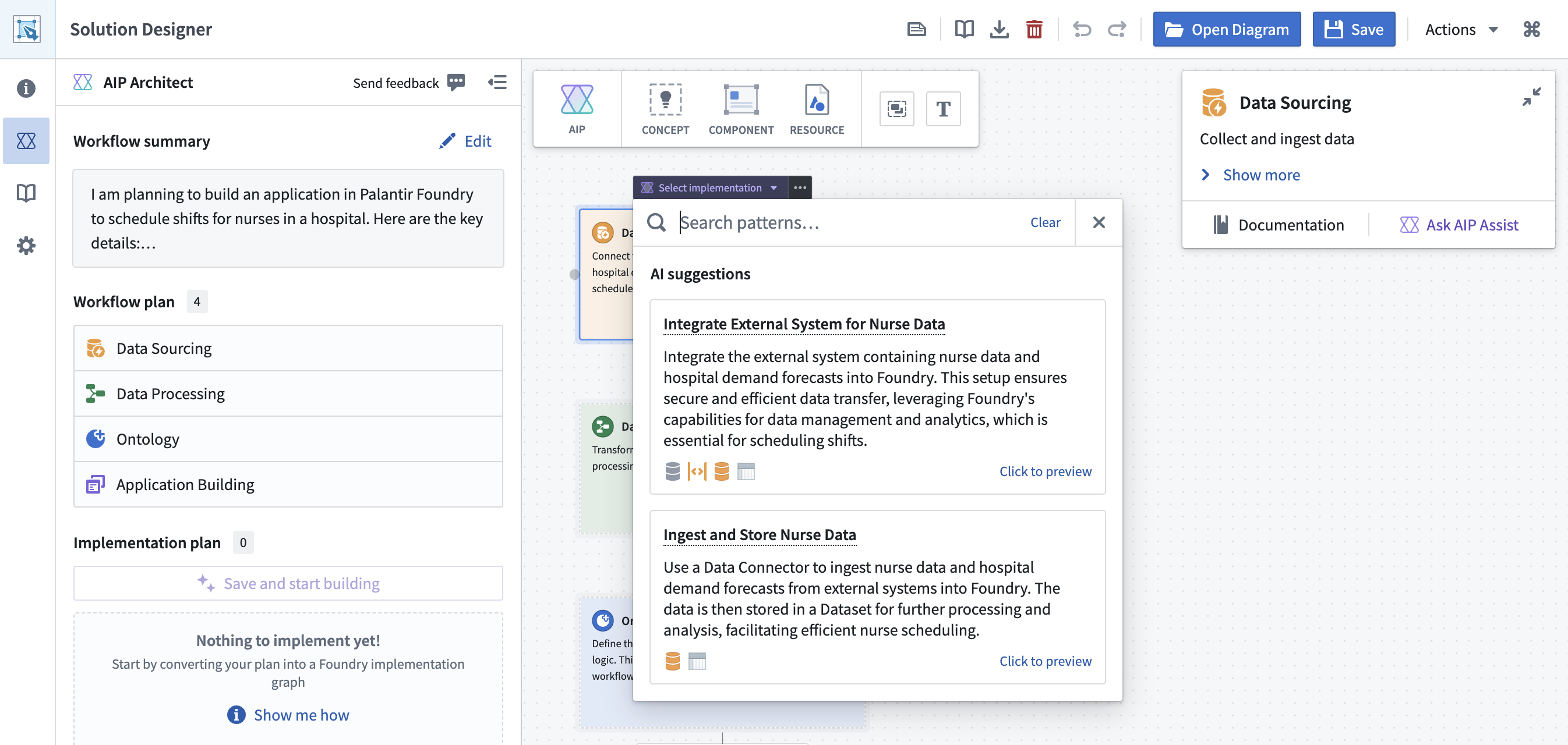 Select implementation menu for workflow graph