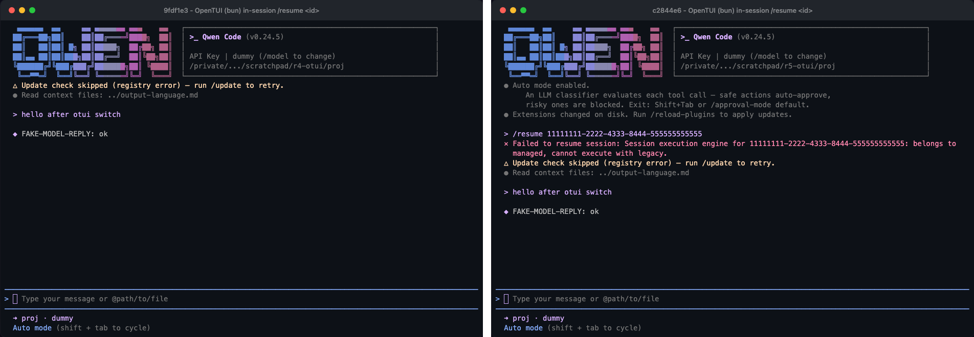 OpenTUI resume: 9fdf1e3 vs c2844e6