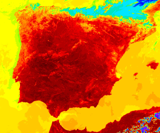 Less than a year after a devastating 2003 heat wave killed over 37,000 people across Europe, another heat wave struck the region. On July 1, 2004, this image from NASA's Moderate Resolution Imaging Spectroradiometer (MODIS) recorded land surface temperatures of 138°F (59°C) in Spain. In this false-color image, red represents the warmest temperatures, yellow is intermediate, and light and dark blue are progressively cooler. Air temperatures in both countries soared over 104°F (40°C). Three days after this image was taken, Spain set a new air temperature record for the nation: 117°F (47°C). Climate models predict more extreme weather events, including heat waves, in the coming decades due to man-made climate change.
Image taken by NASA's Moderate Resolution Imaging Spectroradiometer (MODIS) on July 1, 2004.
Credit: Jacques Descloitres and Ana Pinheiro, MODIS Rapid Response Team, NASA/GSFC.