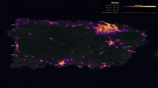 This visualization starts with a global view of hurricane Maria hitting Puerto Rico. We then zoom in to Puerto Rico to compare the standard night lights dataset to a new, high definition version of nights lights. After the hurricane passes over the island, we see a massive drop in night light intensity due to loss of power. After showing night light levels over several stages of hurricane recovery, we transition to a 'Days Without Power' dataset. The camera then zooms in to several locations around the island to examine each stage of recovery in more detail.