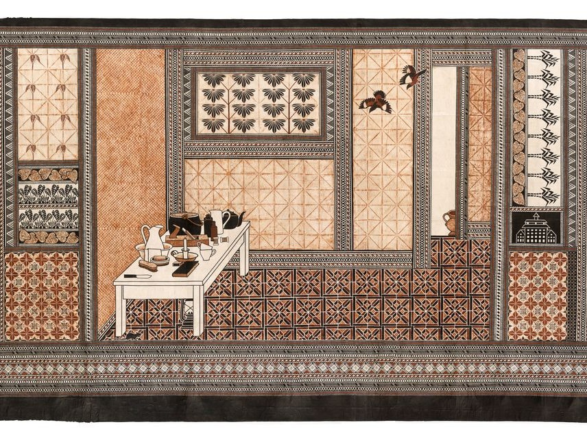 That Vase, Dame Robin White; artist; 2019; Fiji, Gift of Chris and Kathy Parkin, 2021. Te Papa (2020-0026-1) A brown and white patterned masi or tapa cloth