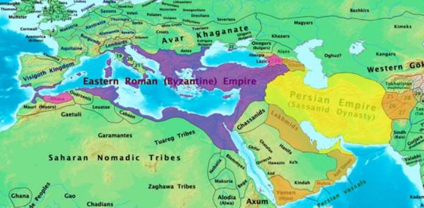 The Byzantine and Sasanian Empires in 600 AD, two years before the outbreak of the final Byzantine-Sasanian war. (Getoryk / CC BY-SA 3.0)