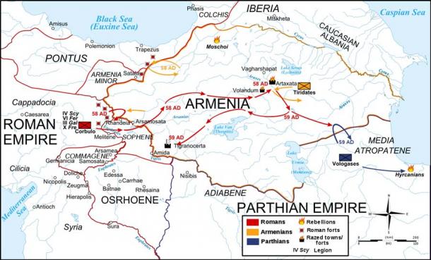 Map of the troop movements during the first two years of the Roman–Parthian War of 58–63 AD over the Kingdom of Armenia. (Cplakidas / CC BY-SA 3.0)