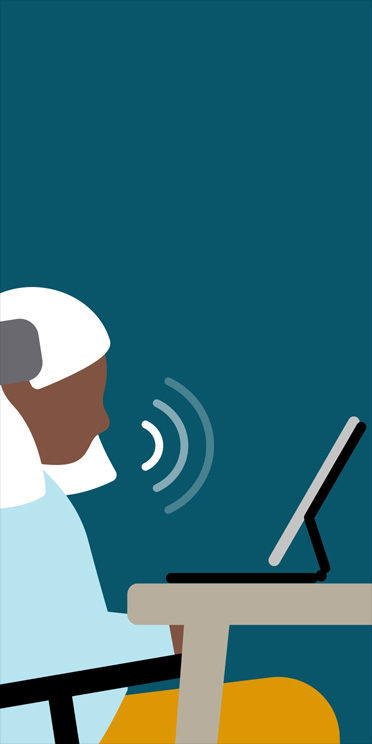 Illustration des Profils einer Frau in einem Elektrorollstuhl, die mit einem iPad in einem Smart Folio auf einem Schreibtisch spricht