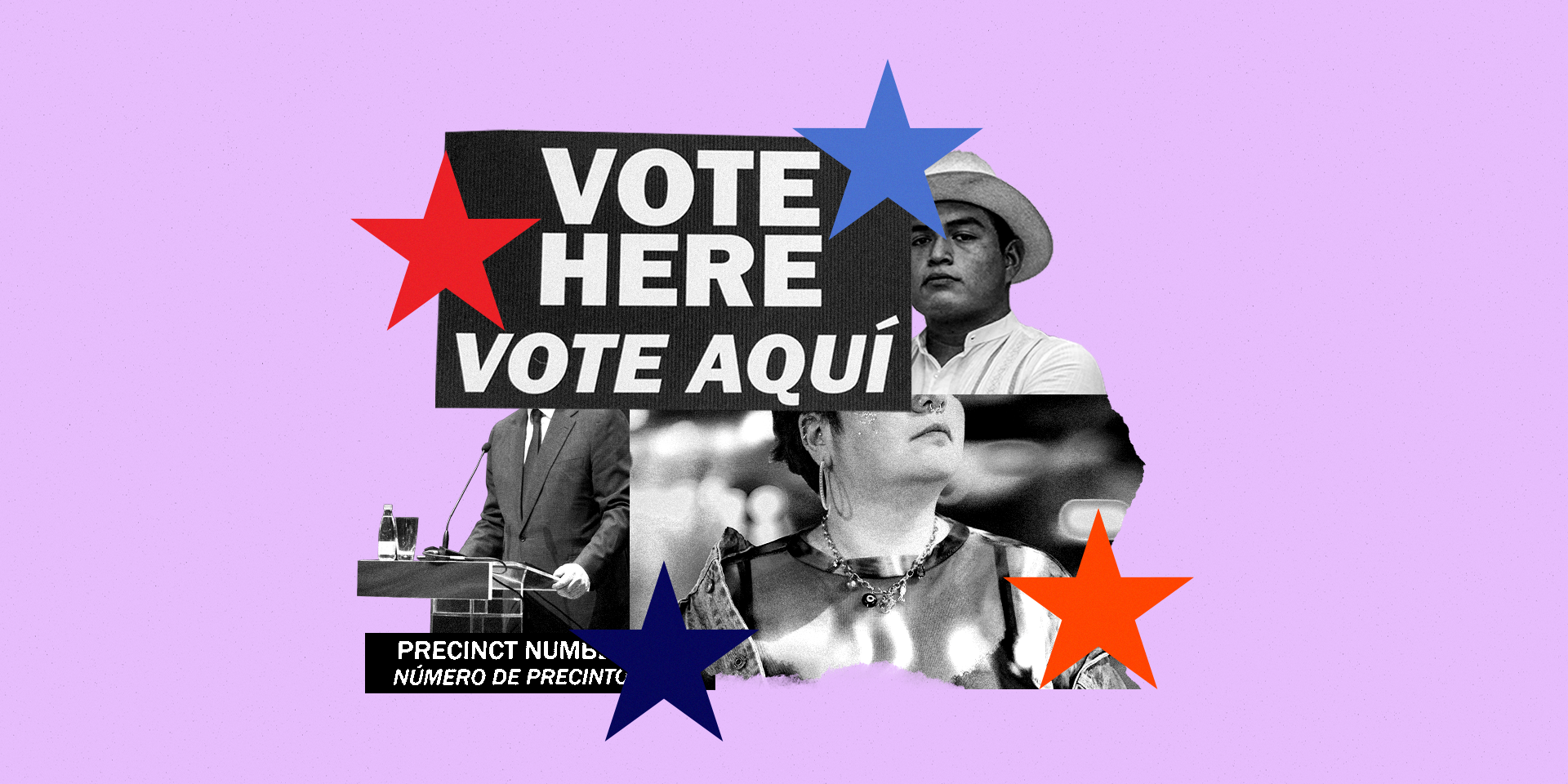 Vote Here / Vote Aqui signage and stars imposed over people over a vibrant background.