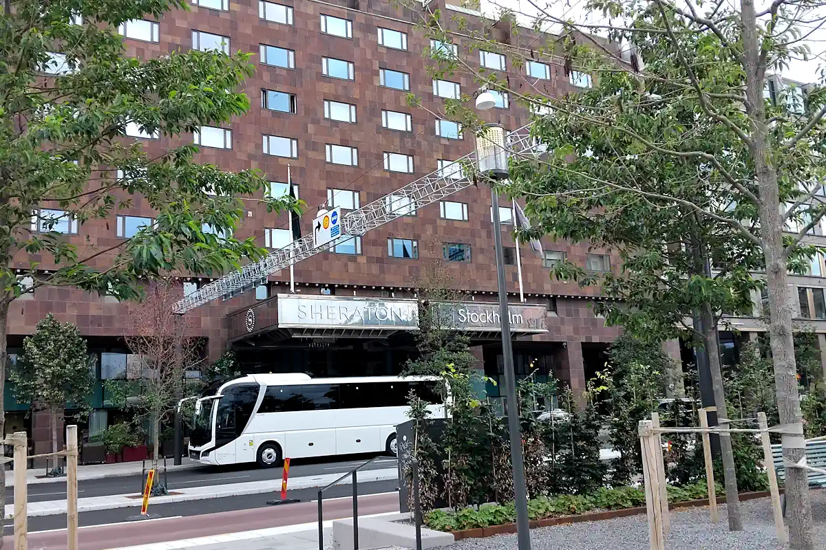 Entrance of Sheraton Stockholm on Tegelbacken, right beside Central Station and City Hall.